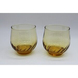 Set of 2 Vtg MCM Anchor Hocking Golden Amber Lowball On-the-Rocks Glasses
